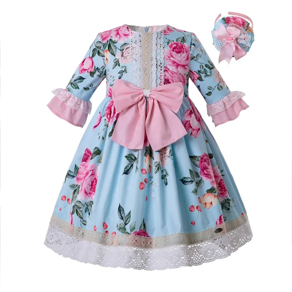 OEM Pettigirl Baby Dress for Girls Fancy Wholesale Flower Girls Dresses with Hairwear Printed Floral Girls Maxi Dress