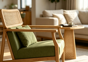 Chaise de salon scandinave en bois avec assise rembourrée verte et dossier en rotin, mobilier moderne pour la maison - Product Image 2