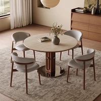 Juego de Mesa y Sillas de Comedor de 4 Plazas Hecho a Mano con Tapa de Piedra Sinterizada y Madera Sólida, Ecológico, para Hotel, Apartamento, Villa, Estilo Moderno de Mediados de Siglo
