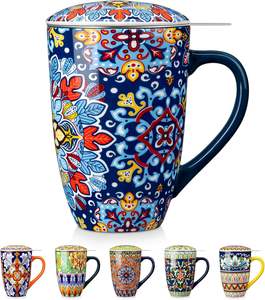 Tasse à thé en céramique bohème avec infuseur et couvercle, 18 onces, idéale pour le thé et le café - Product Image 1