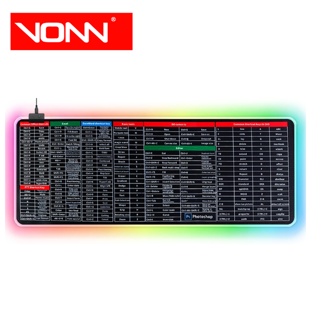 VONN RGB Gaming 800*300*4mm Super Large Anti-Slip Mouse Pad with Shortcuts & Cheat Sheet (31.5x11.8in) in Stock