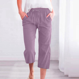   <span class=keywords><strong>Pantalon</strong></span> Capri en Coton et <span class=keywords><strong>Lin</strong></span> Satiné pour <span class=keywords><strong>Femme</strong></span>, Couleur Unie, Décontracté, Ample, Droit, avec Poches, Respirant – Collection Été 2025 - Product Image 2