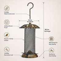 Mangeoire à oiseaux antique en métal grillagé avec tube à graines transparent, design écologique, crochet de suspension, toit en dôme et perchoirs pour décoration de jardin extérieur