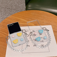 Coque de téléphone transparente Kawaii Pastel 3D Ours à pois pour Samsung Galaxy Z Flip 7 6 5 avec dragonne perlée en cristal et protection intégrale