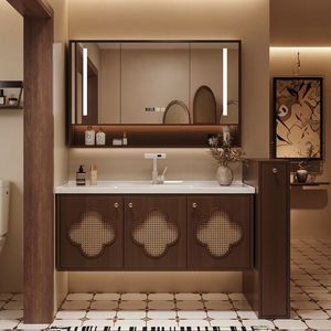 Gabinete de Baño con Espejo Estilo Vintage Dingyue, con Diseño de Trébol de Cuatro Hojas, en Madera de Nogal y Roble, con Lavabo de Cerámica y Luz - Product Image 3