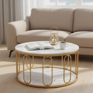 Mesa de Centro Redonda con Acabado de Mármol Blanco y Dorado - Product Image 2