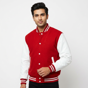 <b>White</b> Sleeves-Scarlet Red Body Letterman <b>Jacket</b> with Leather Sleeves letterman custom leather varsity <b>jacket</b> for men - Product Image 1