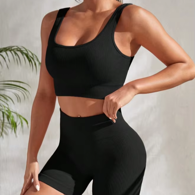 Ribbed Yoga Set, Comfortable, Elastic and Breathable Fabric, Vest Short Top + High-waisted Shorts