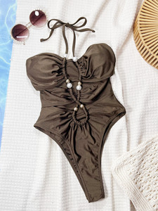 Elegante bruine halter-<span class=keywords><strong>bikini</strong></span> met strik achter en hoge beenuitsnijding, één geheel zwempak - Product Image 1
