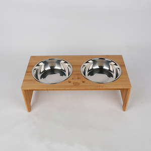Bamboo Pet Food <b>Table</b> Double Stainless Steel Bowl For <b>Dogs</b> Cats - Product Image 3