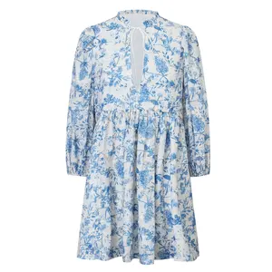 Vestidos bordados con estampado de algodón azul Floral 100% personalizados elegante bordado con cordones vestido de fiesta suelto mujer 2024 elegante