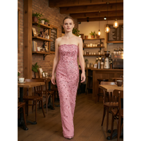 Robe de soirée formelle rose sans bretelles, en satin tissé, ornée de fleurs et de perles, à taille naturelle, longueur ras du sol pour femme