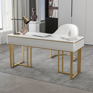 Juego de escritorio y silla de cuero para oficina en <span class=keywords><strong>casa</strong></span> de lujo moderno, parte superior pintada brillante con patas de hierro dorado, cajón de metal para el <span class=keywords><strong>trabajo</strong></span> - Product Image 2