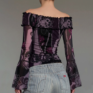 Camiseta de malla estampada vintage francesa con hombros descubiertos para mujer, blusa elegante fruncida de ajuste ceñido para primavera y otoño - Product Image 3