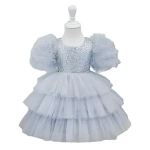 Customized Design Summer Princess Party Dresses Puff Sleeve Sequined Girls Cake Tulle Dresses