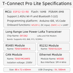 Bo mạch phát triển điều khiển công nghiệp LILYGO T-Connect-Pro <span class=keywords><strong>ESP32</strong></span>-S3 <span class=keywords><strong>LoRa</strong></span> tích hợp mô-đun RS485, RS232, CAN, Ethernet và Wi-Fi 2.4GHz - Product Image 5
