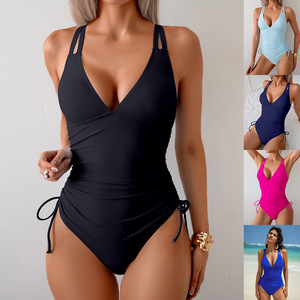 Traje de baño de una pieza <span class=keywords><strong>para</strong></span> mujer, cuello <span class=keywords><strong>en</strong></span> V profundo, fruncido, con lazo lateral, espalda recortada, tirantes ajustables, <span class=keywords><strong>para</strong></span> la playa <span class=keywords><strong>en</strong></span> verano - Product Image 5