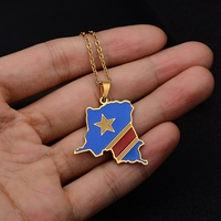 Pendentif Carte de la République Démocratique du Congo avec Drapeau Coloré Or/Argent, Colliers RDC Kinshasa, Bijoux Ethniques