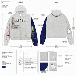 Sweat-shirt surdimensionné épais à capuche avec logo personnalisé OEM, manches contrastantes, empiècements aux coudes, impression graphique et fermeture éclair intégrale pour marque - Product Image 6