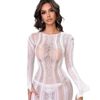 Robe moulante blanche sexy à manches longues en dentelle jacquard ajourée, transparente et extensible, mini-jupe érotique intime pour femme, tenue de nuit