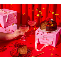 Boîte à gâteaux pop-out rose avec poignée, écologique et de qualité alimentaire, pour biscuits, bonbons, pâtisseries, restauration rapide, emballage en papier avec ruban