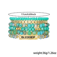 Boho Design 2025 piles 6 pièces perles de verre métalliques Stretch plaqué or gravé mots bénis Bracelets ensemble bijoux