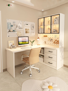 奶油风转角书桌、学生家庭学习桌、书架、集成电脑桌 - Product Image 4