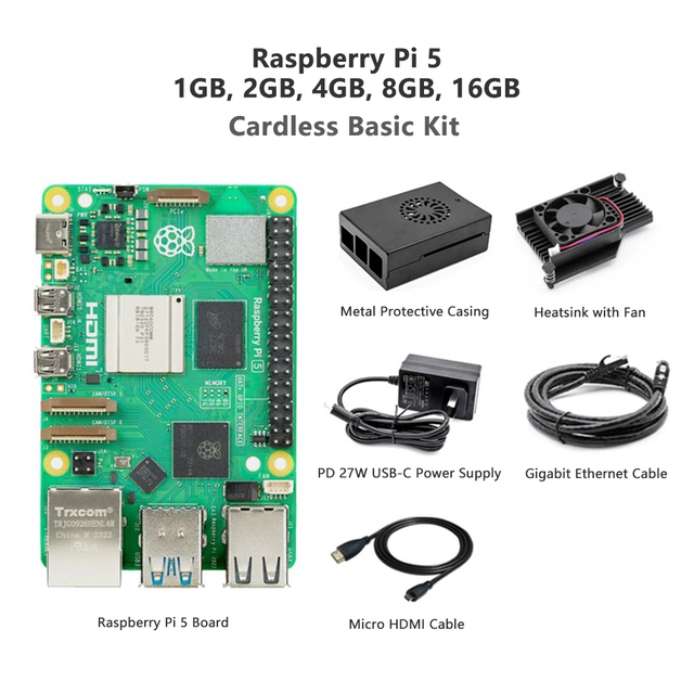 Raspberry Pi 5 Cardless Basic Kit Includes RPi 5 1GB/2GB/4GB/8GB/16GB Board 27W USB-C Power Supply Case Cooling HD-MI Cables