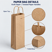 Sac cadeau pour vin en papier kraft à imprimé branches de marbre, avec poignées torsadées - Noir