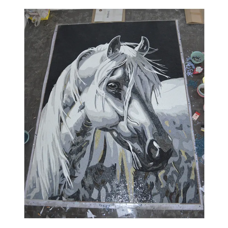 ZF Handmade custom mosaic murals high quality white horse painting art glass mosaic art wall decor
