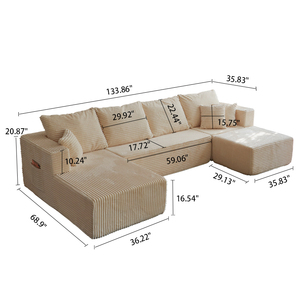 Modern Cloud Sectional Couch, Beige Corduroy Compressed <b>Sofa</b> with L-Shape Chaise for Living Room Apartment - Product Image 2