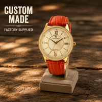 Montre en or pour femme, lunette en cristal, cadran MOP, bracelet en cuir de vache orange, mouvement à quartz Miyota, résistance à l'eau 3BAR, 36 mm, chiffres romains