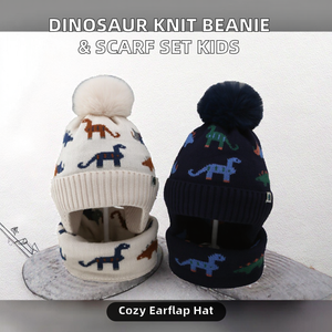 Ensemble bonnet et écharpe mignon pour bébé et tout-petit, bonnet tricoté pour garçon et fille, bonnet d'hiver avec oreilles, cache-cou, bonnet en polaire doublé de pompon, dinosaure chaud - Product Image 2