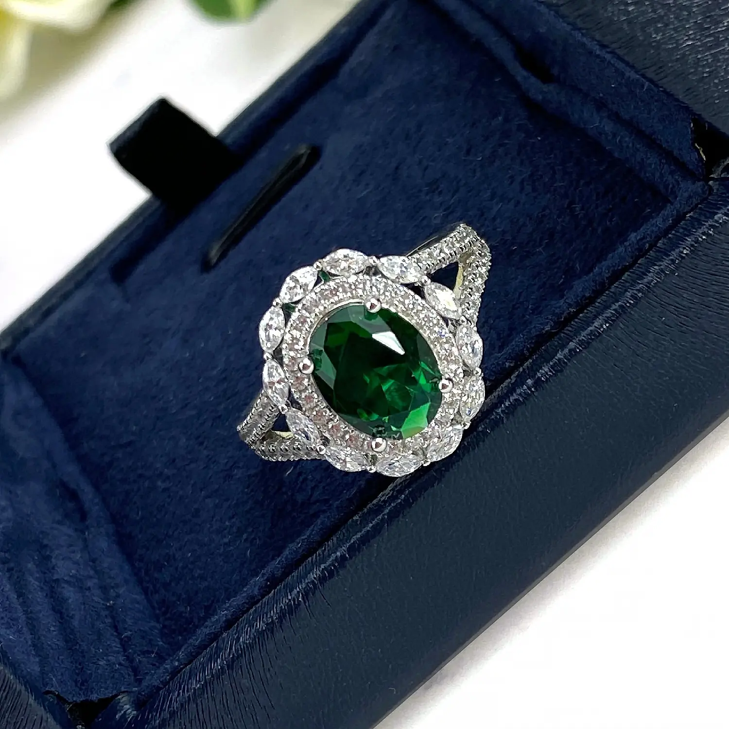 Hình Dạng Hoa 925 Bạc Màu Xanh Lá Cây Emerald Tưởng Tượng Đồ Trang Sức Vòng