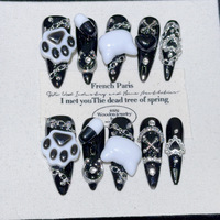 Juego de manicura de estilo francés Halloween Punk Dark Niche Black Cool Y2K para chica caliente Material ABS usable dedos y uñas