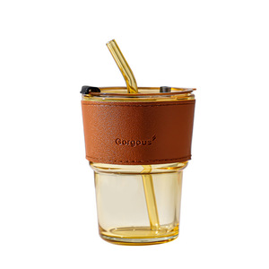 Wholesale Price JXZ 400ml Gray Amber Glass Tumbler Soda Beverage Leather Sleeve with Lid Straw Protective ROMANCE Theme Portable