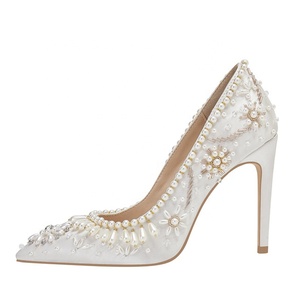 Large Size 46 Silk Pearls Thin Heels Women Dress <b>Shoes</b> Chic High-heeled Pumps Pointy Toe Flower Wedding Styles Stiletto - Product Image 1