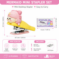 Ensemble de mini-agrafeuses sirène mignonnes avec 1000 agrafes, portable, pour bureau, école, cadeau, 2 couleurs