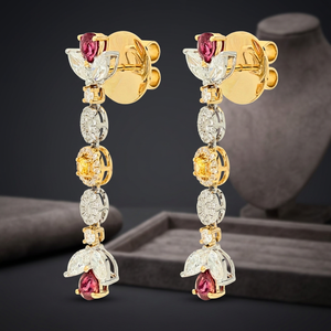 Pendientes de lujo para mujer, de oro de 18 quilates con diamantes en forma de flor, rubíes con corte de pera y diseño de gota con gemas amarillas para boda - Product Image 3