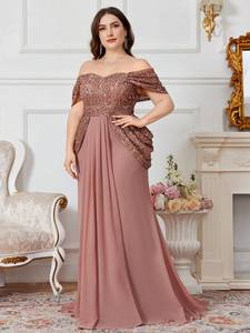 Vestido de Noche Formal <span class=keywords><strong>Maxi</strong></span> de Gasa con Hombros Descubiertos, Manga Corta, Espalda Descubierta, Lentejuelas, Patchwork, Cintura Fruncida y Cola Larga - Product Image 6