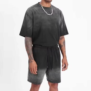 Conjunto de pantalón corto y camiseta de verano, transpirable, de algodón, tejido, con logo personalizado, efecto acid wash, conjunto de 2 piezas. - Product Image 5