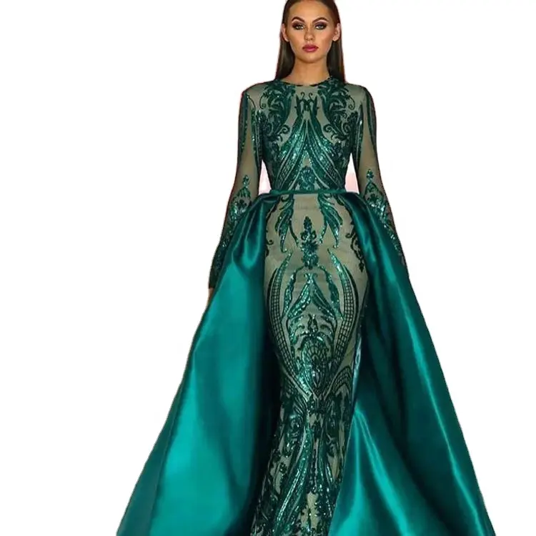 XUYA Custom even dress green Elegant Prom Dresses Sequins Long Sleeve Evening Dresses Women