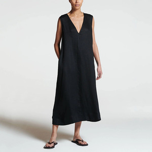 Özel Toptan Saf Keten Zarif V Yaka Yazlık Kadın Elbisesi - Product Image 1