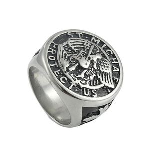 yunnique Men's <b>Titanium</b> Steel <b>Ring</b> Cross Shape Retro Silver Two Tone Gold Holy Angel Design Gift Jewelry - Product Image 4