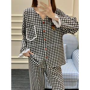 Pyjamas pour femmes, décontractés, printemps automne, doux, imprimé à carreaux, bordure en dentelle, vêtements de nuit amples et respirants, chemises de nuit OEM - Product Image 6