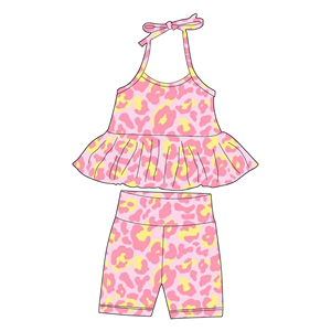 Set Estivo di Alta Qualità per Bambine: Top con Volant e <span class=keywords><strong>Pantaloncini</strong></span> Aderenti, Stampa Leopardata, Completo Comodo Primaverile ed Estivo - Product Image 2