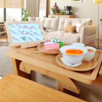 Mesa de Centro Rectangular Grande de Bambú con Soporte para Teléfono, Patas Plegables, Bandeja para Aperitivos en el Reposabrazos del Sofá, Almacenamiento, Fácil de Limpiar, Muebles para Sala de Estar