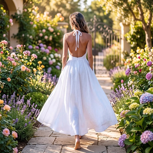 Robe midi vintage en lin biologique à manches cloche, col en V, dos nu, coupe trapèze, taille haute, pour l'été et les vacances à la plage, avec poches - Product Image 3