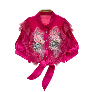 Camicette Casual <span class=keywords><strong>a</strong></span> <span class=keywords><strong>maniche</strong></span> <span class=keywords><strong>corte</strong></span> da donna con motivo floreale ricamato in pizzo con <span class=keywords><strong>maniche</strong></span> <span class=keywords><strong>a</strong></span> lanterna abiti con top dolci - Product Image 4