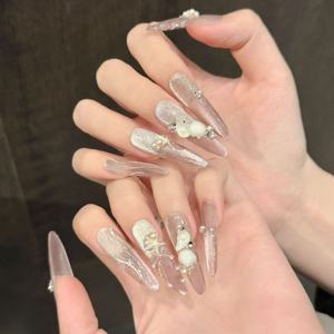 <span class=keywords><strong>Unghie</strong></span> Finte Lunghe a Bara Fatte a Mano, Glitter Argento Rosa Ombré, Conchiglie <span class=keywords><strong>e</strong></span> Stelle Marine 3D Scolpite, <span class=keywords><strong>Unghie</strong></span> di Lusso con Perle da Sirena - Product Image 4